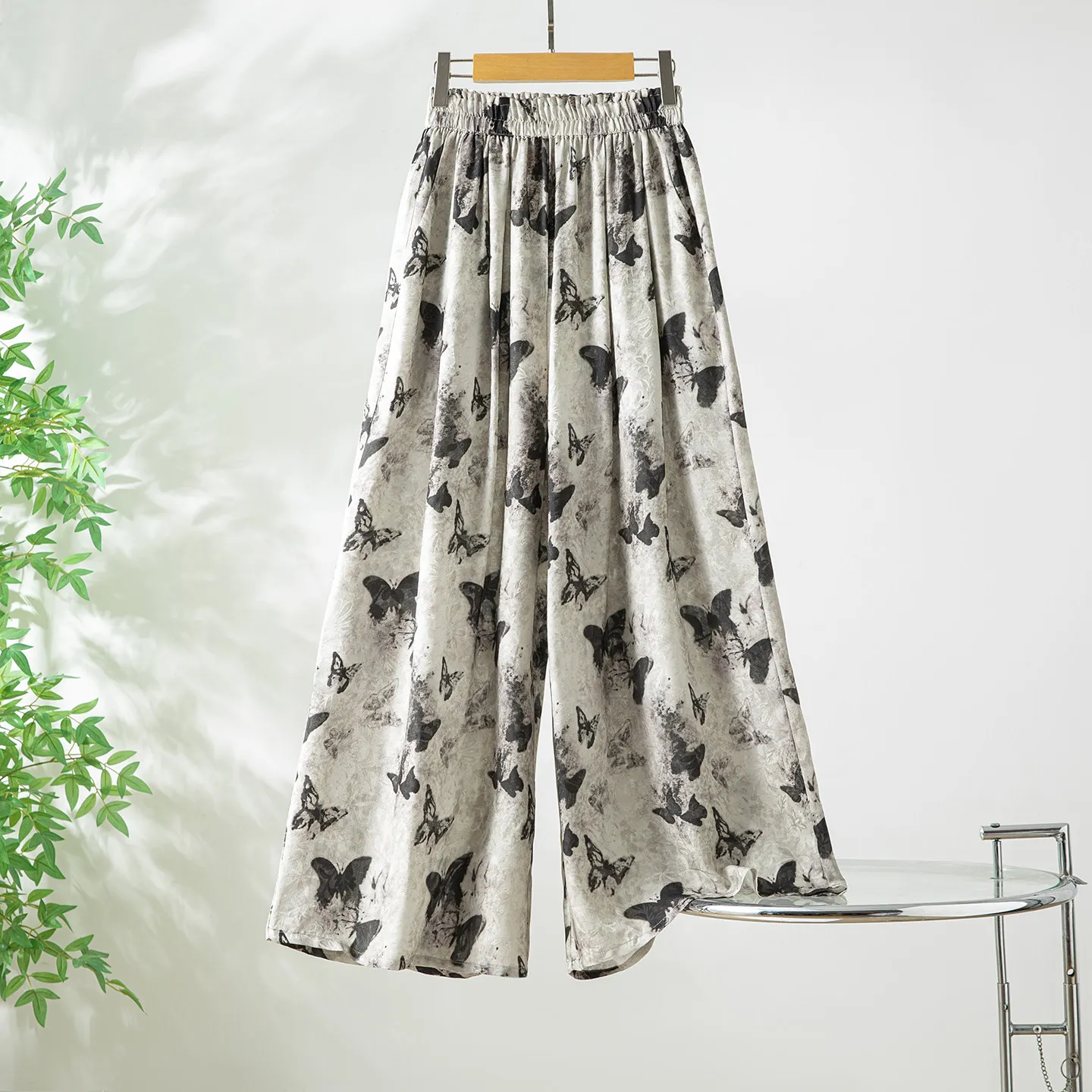 Winsleter-100%Real Silk Elegant Trousers, Elastic Waist Butterfly, Women Fashion Casual Wide-leg Pants, 2026 Summer New B65644CC