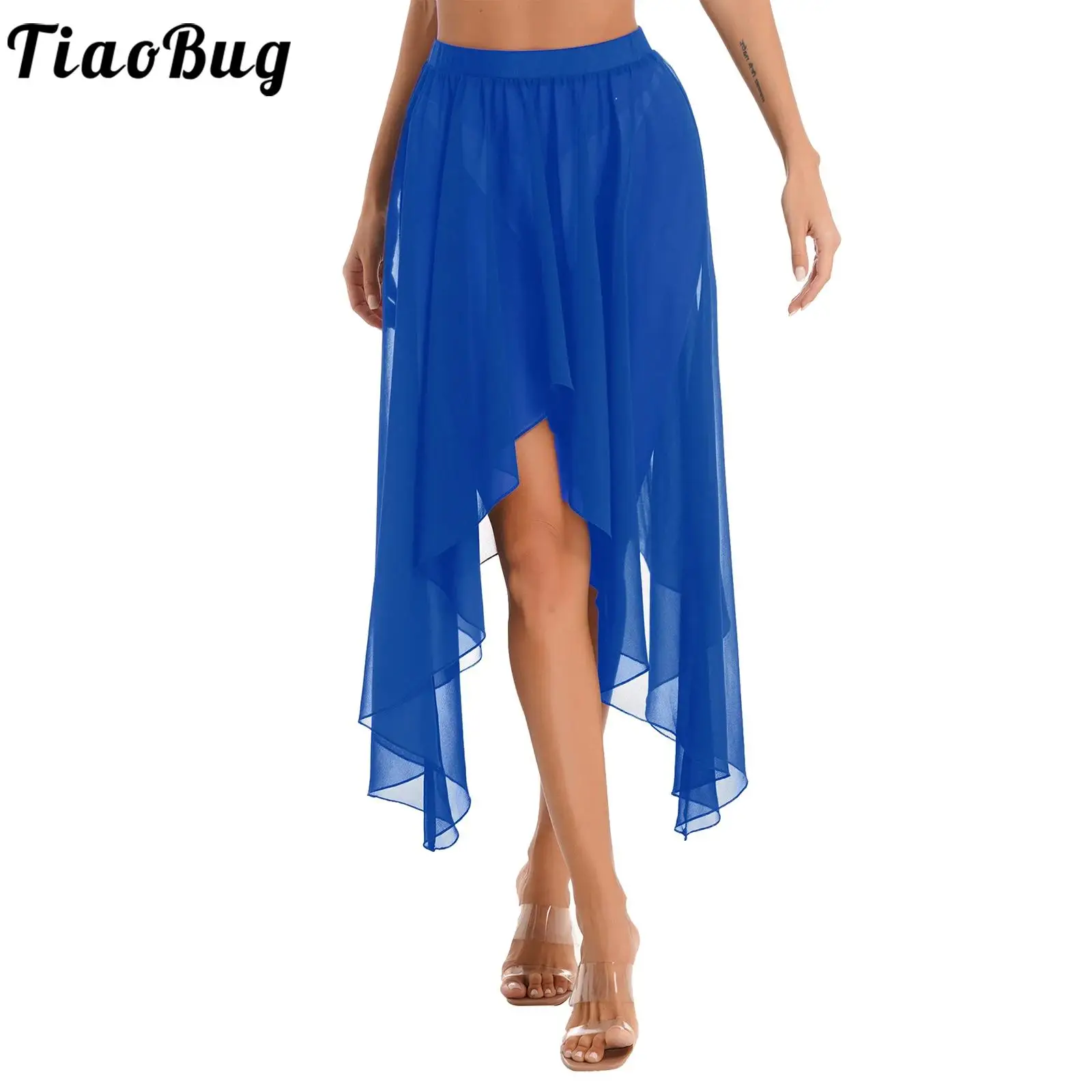 Womens Sheer Chiffon Ballet Dance Tutu Warp Skirt Asymmetrical High-Low Mesh Mid-Long Belly Dance Skirt Lyrical Dance Costume