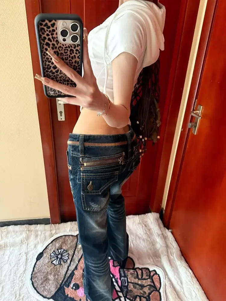 Vintage American Low Waist Straight Jeans Woman Summer Fashion Y2K Streetwear Design Pants Casual Blue Plus Size Long Denim New