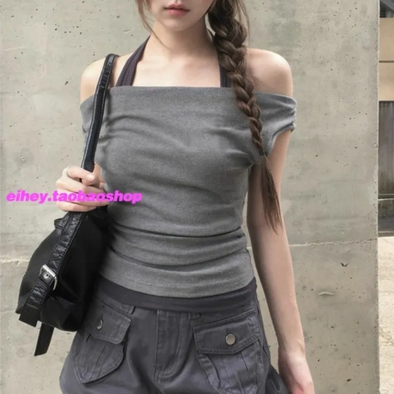 

Fake Two-piece Strapless Sexy Slim Short-sleeved T-shirt Women 2025 Summer New Streetwear Contrast Color Patchwork Halter Tops
