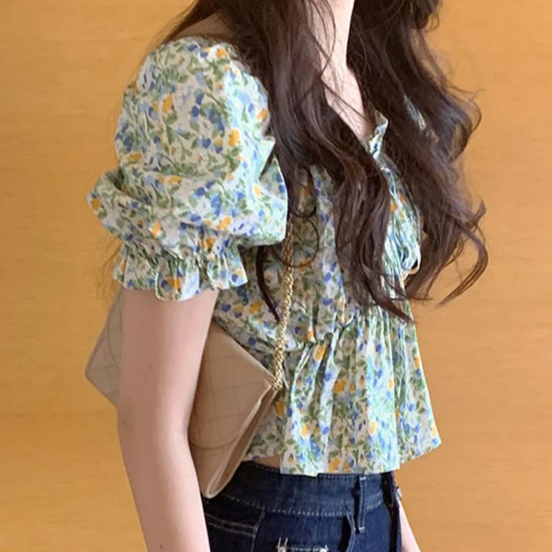 French Style Chic Pleated Slim Belt Blouse Lady Clothes Fashion Floral Short Tops Summer New Short Sleeve Shirt for Women Blusas