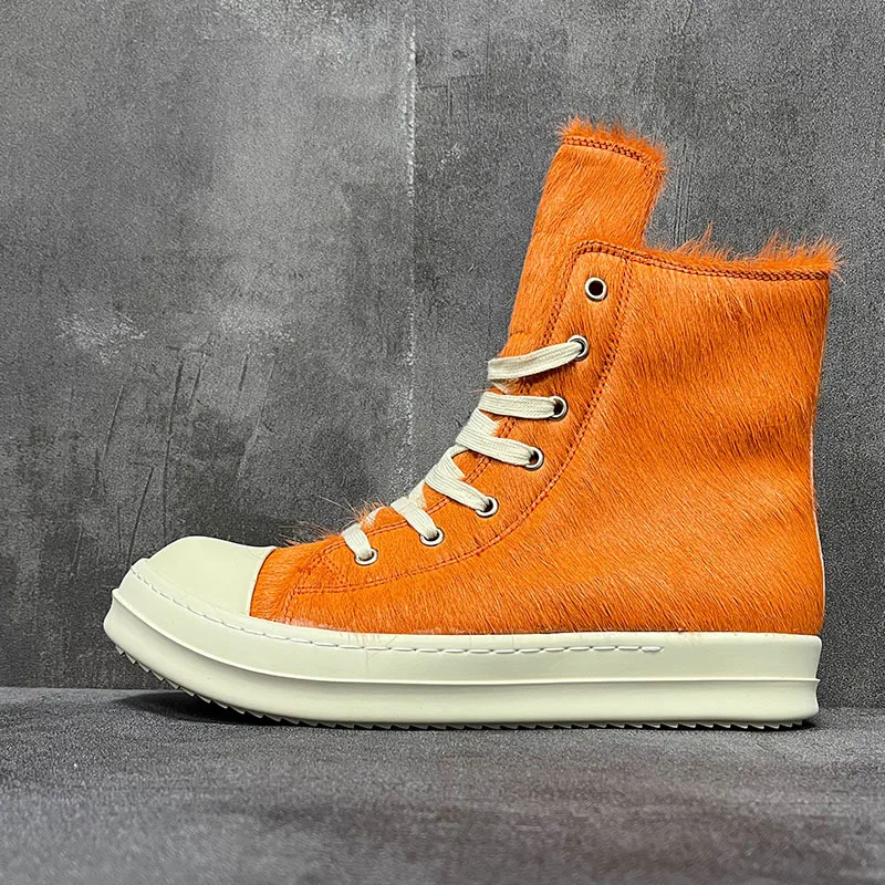 

Men Women High Top Boots Casual Platform Sneakers Horsehair Leather Luxury Trainers Lace Up Zip Autumn Orange Shoes