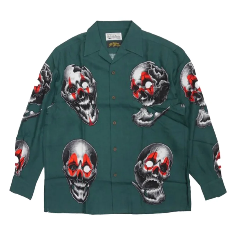 WACKO MARIA High-end Mens Womens Vintage Loose Skull Full Print Autumn Winter Hip Hop Hawaii Long Sleeve Shirt