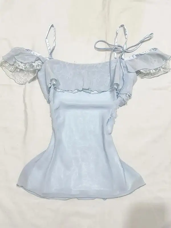 

Unique Blue Strap Design Sensual Lady Summer Top Korean Sle Slim Fit Cotton Polyester Blend ort Sve One oulder irt