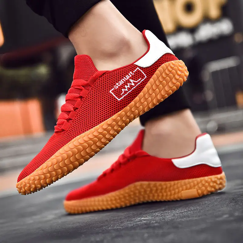 Sports Red Men's Vulcanize Shoes Tennis Sneakers Male Flying Weaving Running Mesh Leisure Walking Lightweight Breathable Common