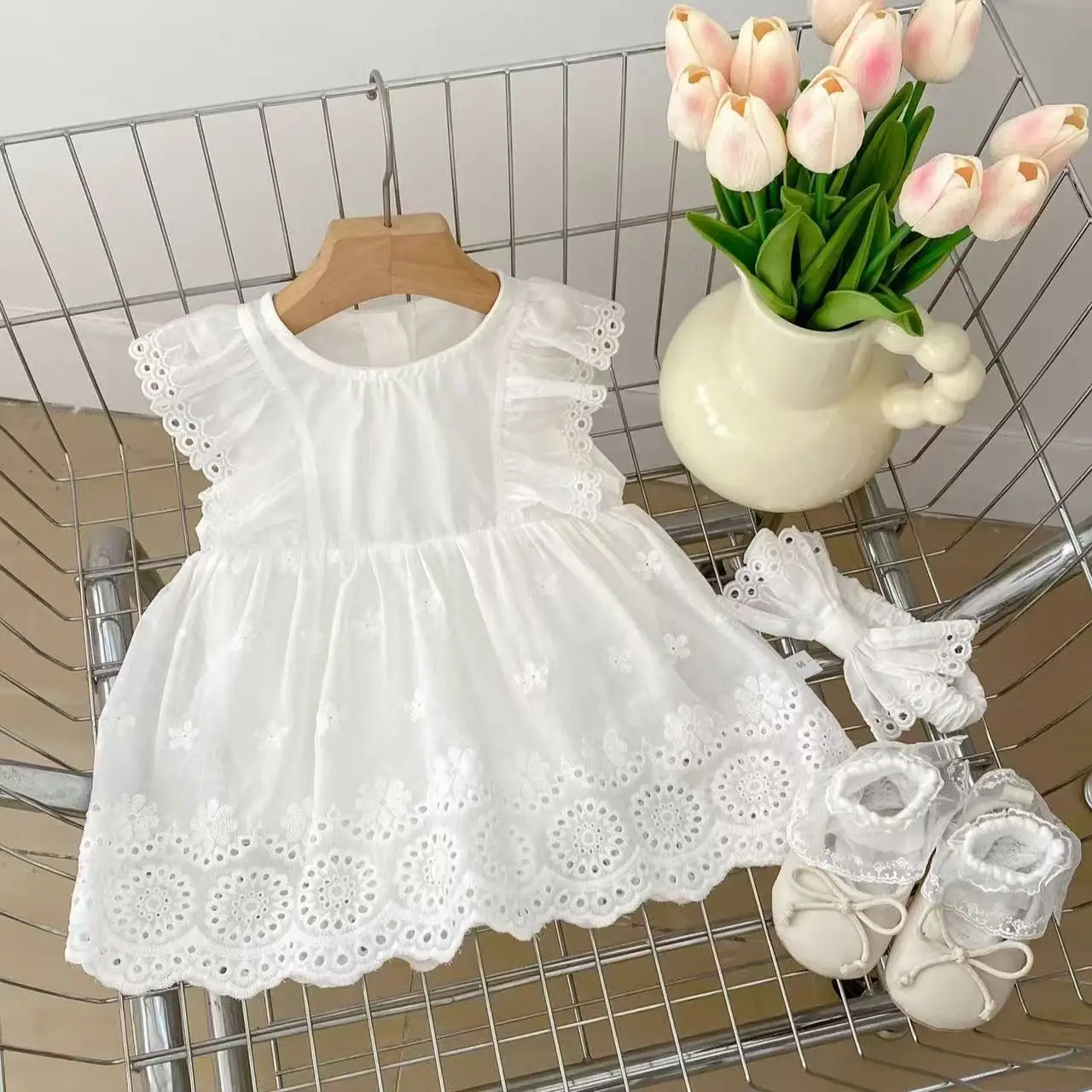 Summer Mori Style Baby Girls Fart Romper, Versatile Tiny Puff Sleeve Climbing Onesie with Matching Headband