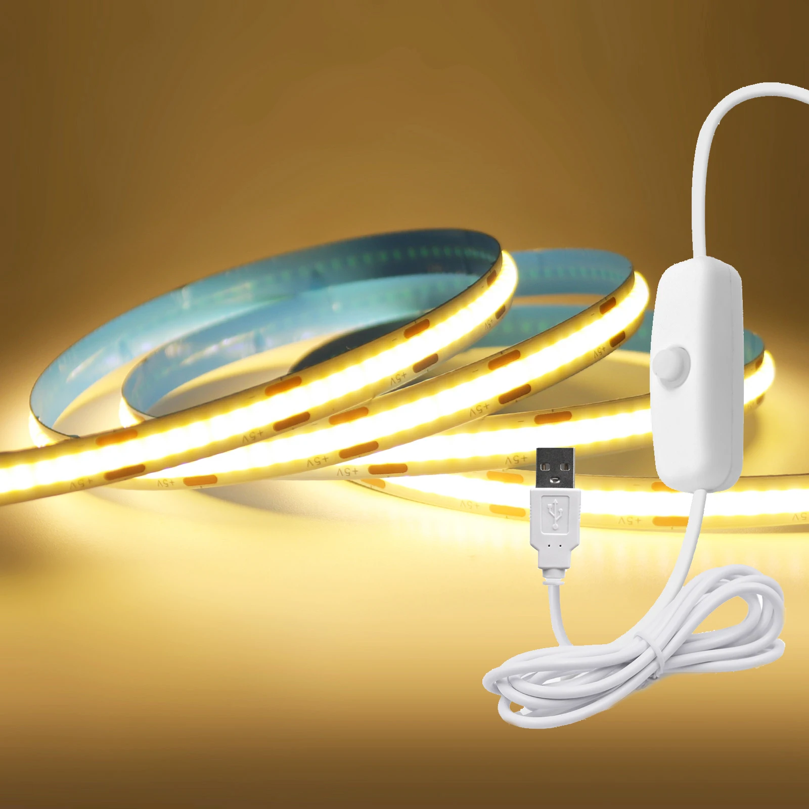 0,5m/1m/2m/3m/5m COB LED-Streifen mit 1,5M EIN/AUS-Schalter 5V USB LED-Lichtband 320LEDs/m Flexibles Klebeband für Zimmer