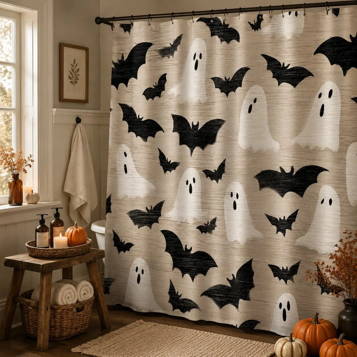 [Halloween Bat Shower Curtain] 2D Flat, 2D Flat 1pc Shower Curtain, Includes 12 Hooks, 1 Halloween Bat Shower Curtain, Repeating Pattern, White Ghosts, Black Bats, Beige Wood Grain Background, Simple and Fun Style, Stylish Home Decor Bathroom Shower