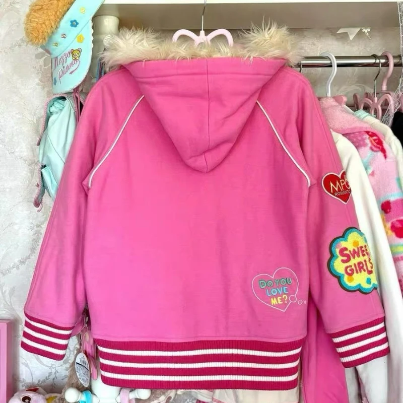 Preppy Style Japanese Jacket Women Sweet Cute Plush Patchwork Hooded Outwear Fashion Streetwear Casual Embroidery Y2k Zipper Top