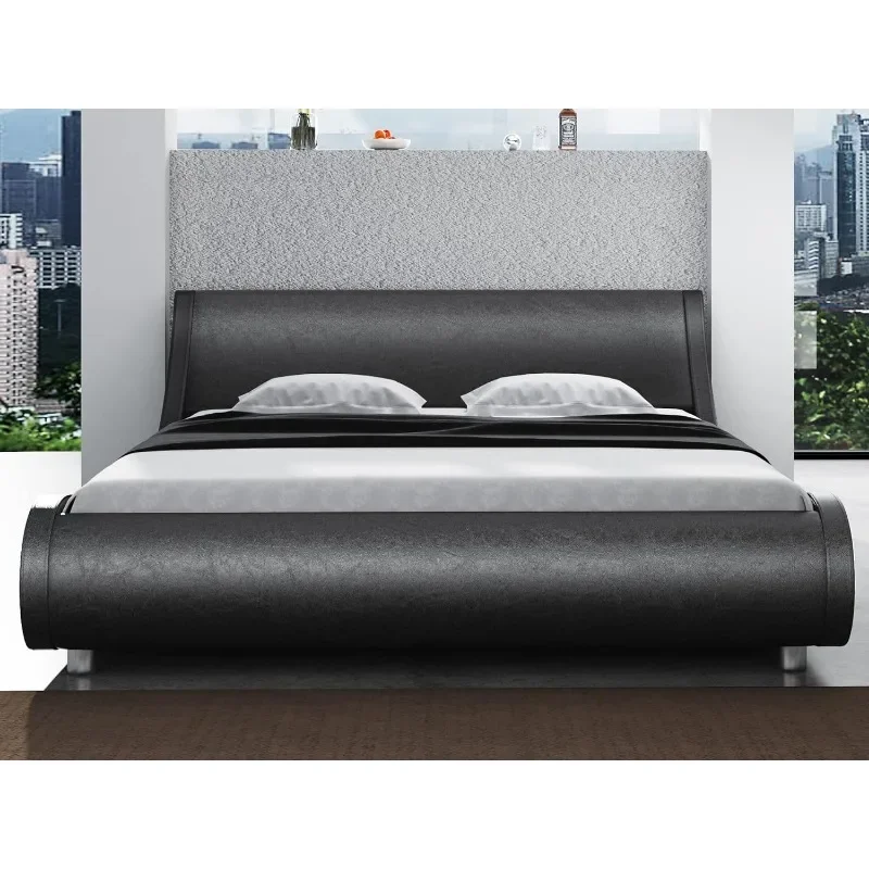 Low Profile Platform Bed Frame Queen Size, Stylish Faux Leather Upholstered Sleigh Bed with Adjustable Headboard