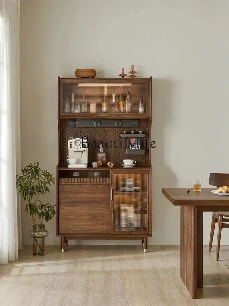 Q S Nordic Solid Wood Walnut Color Sideboard Cabinet Solid Wood Light Luxury and Simplicity Vintage Storage Integrated High Cabi