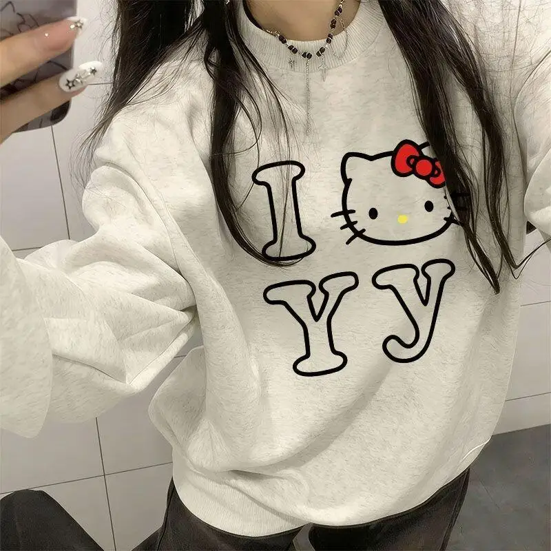 

Женская футболка Sanrio Hello Kitty, толстовка с флисовой подкладкой, утолщенная, для женщин, осень-зима, в японском стиле, милая и стильная