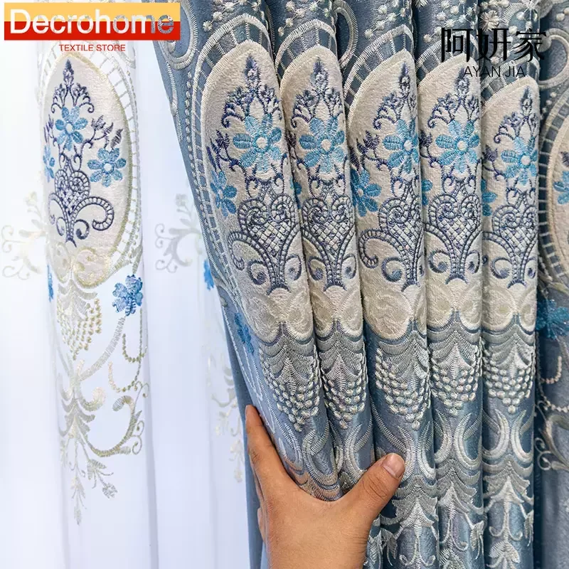 New European Style Blue Embroidered Window Screen Glossy Curtains for Living Room Bedroom Balcony Bay Window Villa Customization