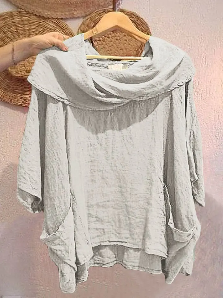 2025 Zomer Mode Vrouwen Shirt Trui Lange Mouw Gedrapeerde Hals Drie Mouwen Top Lijn Pocket Blouses Voor Vrouwelijke