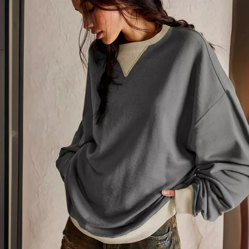Street-style Contrasting Color Threaded Long-sleeved Top Loose Trendy Off-the-shoulder Round-neck Sweatshirt Women Spring Autumn
