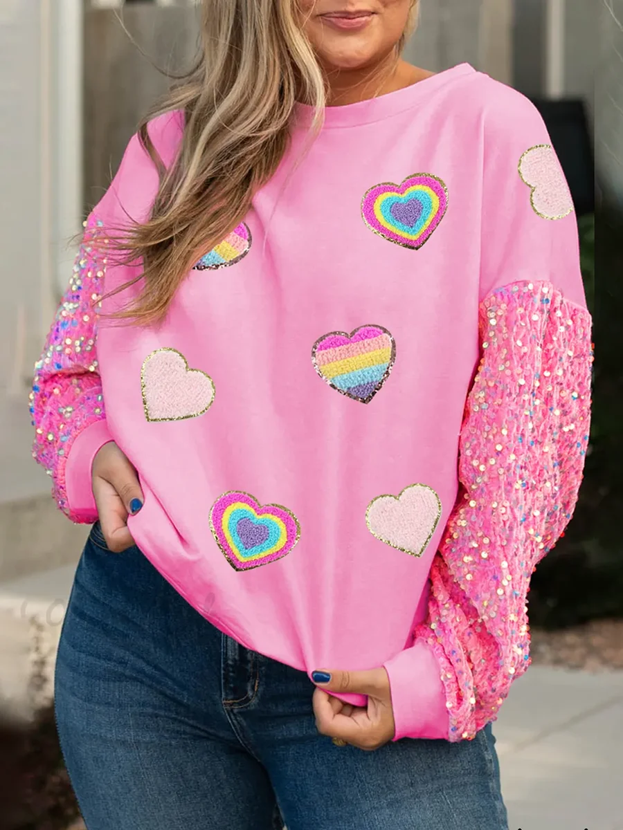 2025 Women's Valentine's Day Sequin Sleeve Sweatshirts Top Letter/Lips/Heart Print All-match Top Sweet Long Sleeve Pullover Tops