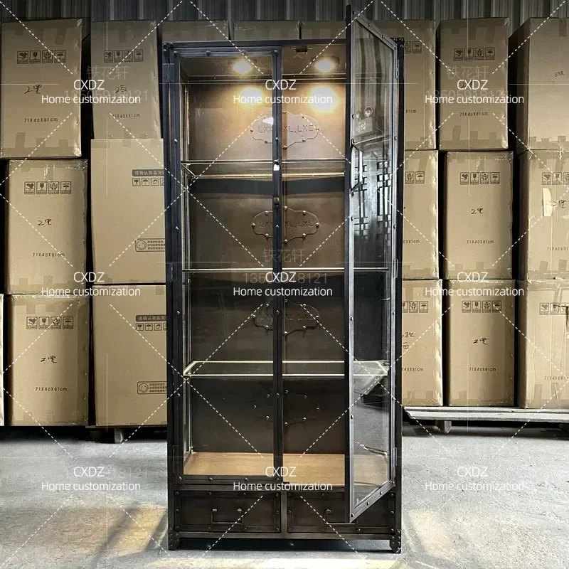 Industrial Retro Glass Display Cabinet Wrought Iron Wine Rack Shelf Storage Unit for Home Bar Product Figure Showcase