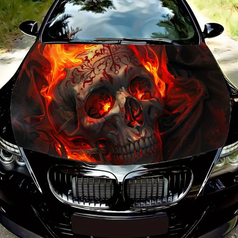Flame Flame Skull Cool Car Hood Decal, Car Hood Sticker, Car Hood Wrap, Gift, Self-Adhesive Waterproof, Decorative Anti-Scratch,