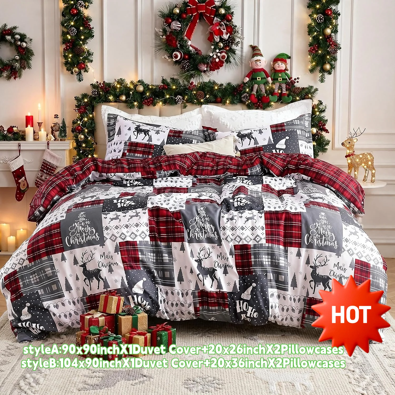 3pcs/set Christmas Duvet Cover Set Queen Soft Microfiber Red Plaid Holiday Bedding with 2 Pillow Shams Christmas Gift Xmas Decor