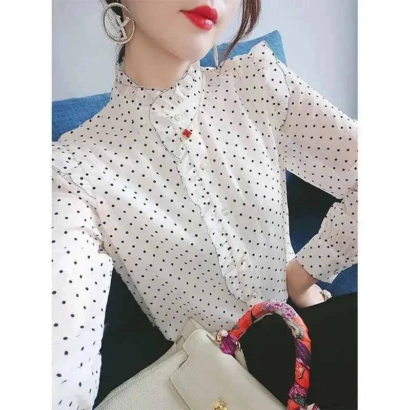 Fashion Korean Elegant Chic Sweet Ruffle Dot Print Blouse Shirts Women Autumn Casual Stand Collar Long Sleeve Office Ladies Tops