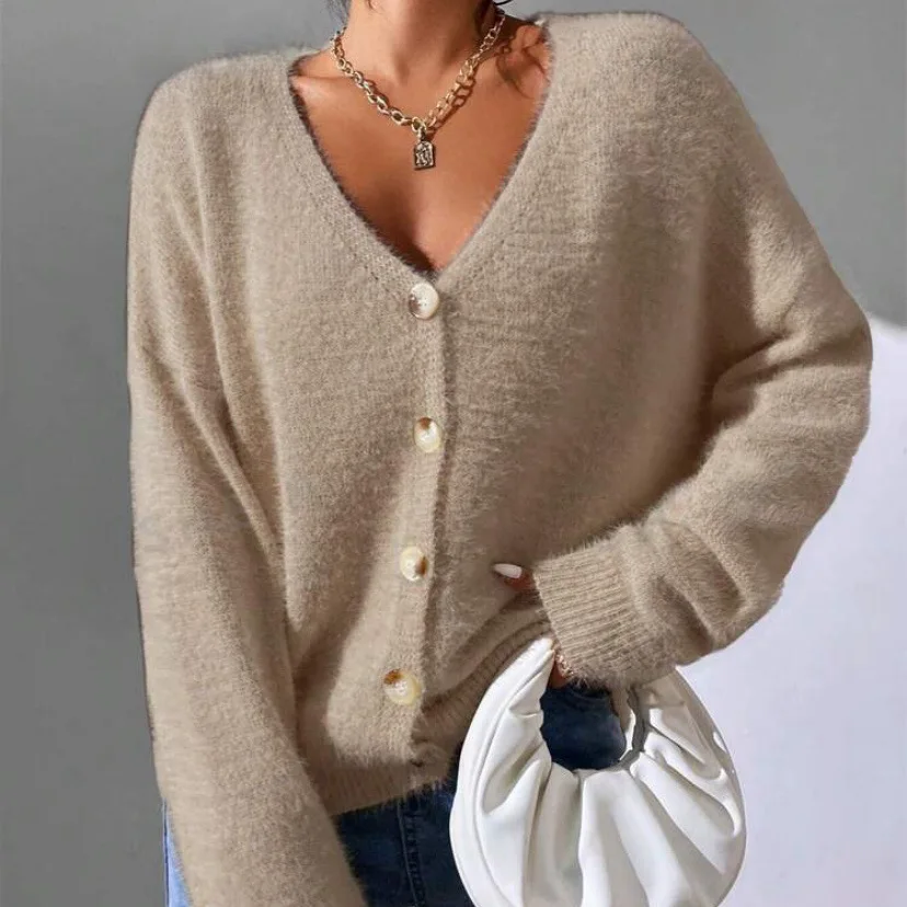 

Women Elegant Cardidgans Button Up Mohair Knit Knitwear Style Cardigan Fuzzy Long Sleeve Top Knitted Cute Sweaters