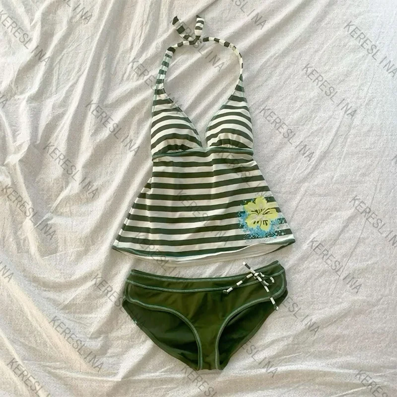 Youth lively sweet cute Kawaii stripes hanging neck no chest pad halter top summer trendy fashion harajuku High street wear top