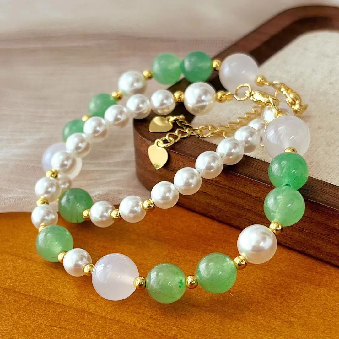 Vintage Natural Aventurine & Round Pearl Beaded Stretch Bracelet, Simple Stylish Stackable Hand Chain for Women