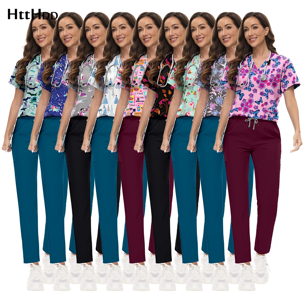 Wholesale Nurse Uniform Elastic Scrub Fashion Print Top Straight Pants Sets Surgical Uniform Women Nurses Accessories Mens Scrub