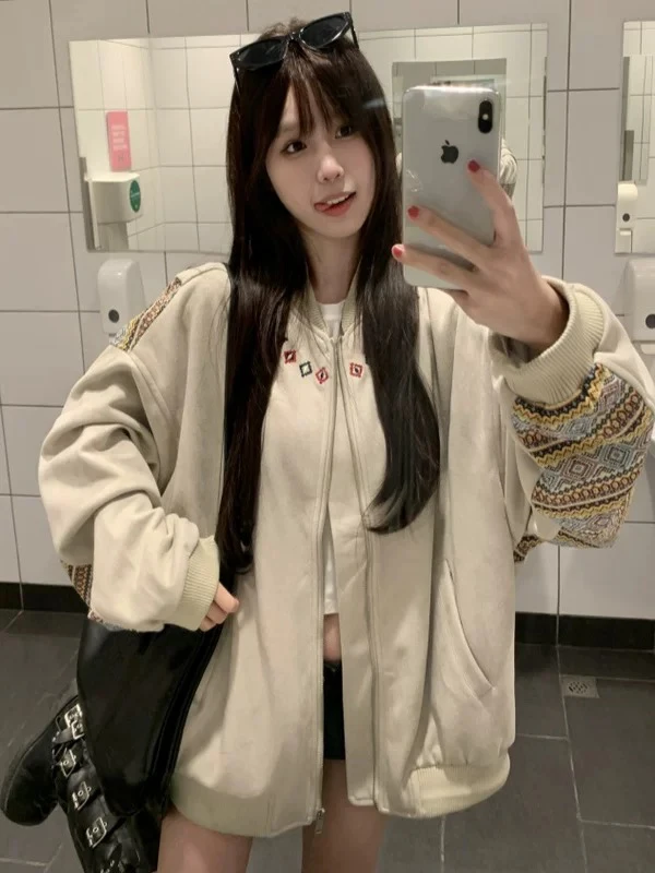 

Spring Autumn Embroidered American Retro Ethnic Sle Patchwork Jaet Women Loose Outerwear Trendy Polyester Fiber Coat