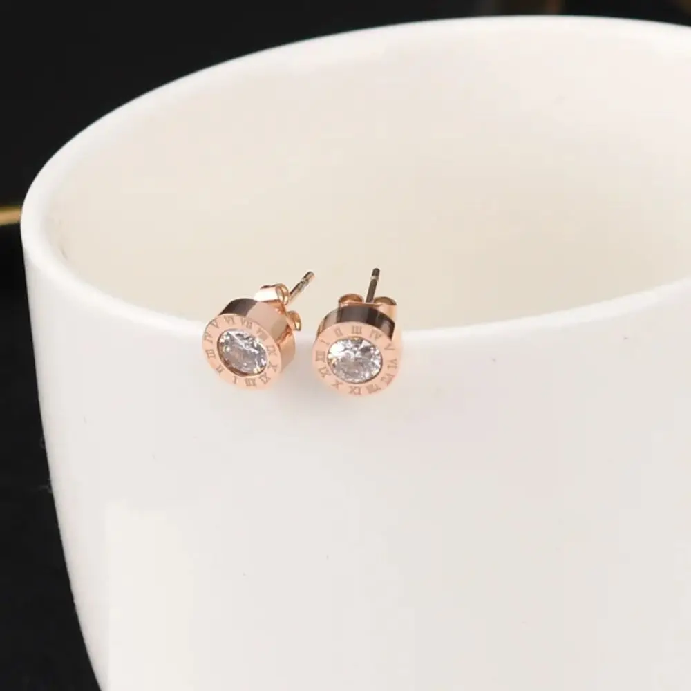 Micro Inlay Rhinestone Roman Numerals Stud Earring Hip Hop Korean Style Men Zircon Earrings Stainless Steel Luxury Sense