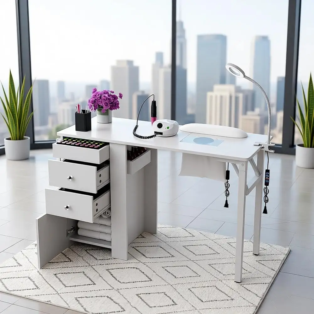 

Compact LED Nail Table with Dust Collector, Manicure Desk, Storage, and Wrist Rest - White
