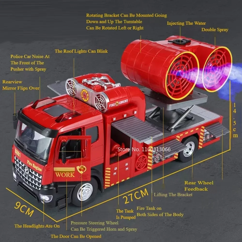 Modelo de motor de bomberos 1:18, camiones de juguete, vehículo de pulverización fundido a presión de Metal, puertas con luz y sonido, coche de ingeniería extraíble abierto para regalo de niño