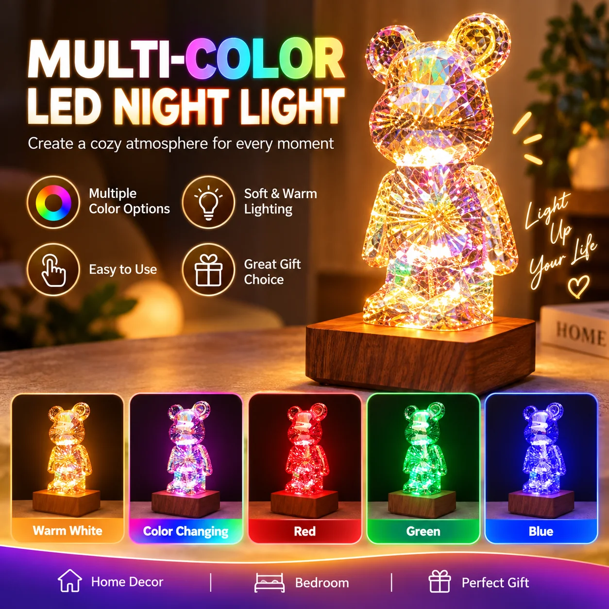 3D Bear Projector Night Light, USB Dimmable LED Atmosphere Lamp, Colorful Desktop Table Decor Light for Creative Gift