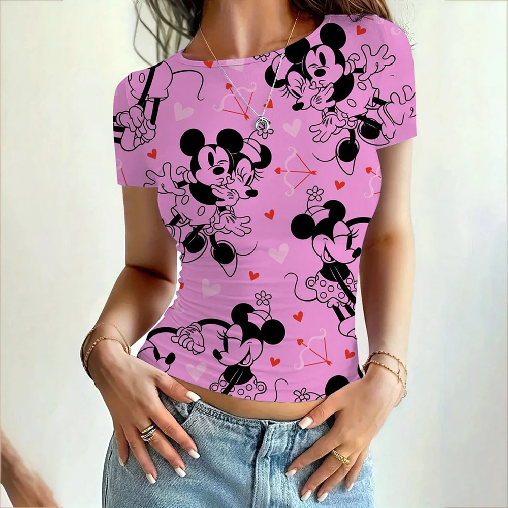 Women's clothing short sleeved T-shirt slim fit top Disney Mickey Mouse print women's round neck tight fitting T-shirt street we