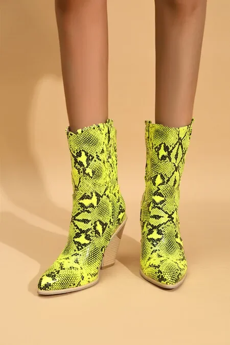 Green Faux Leather Cowboy Ankle Boots for Women Wedge High Heel Boots Chunky Snake Print Western Cowgirl Boots 2024