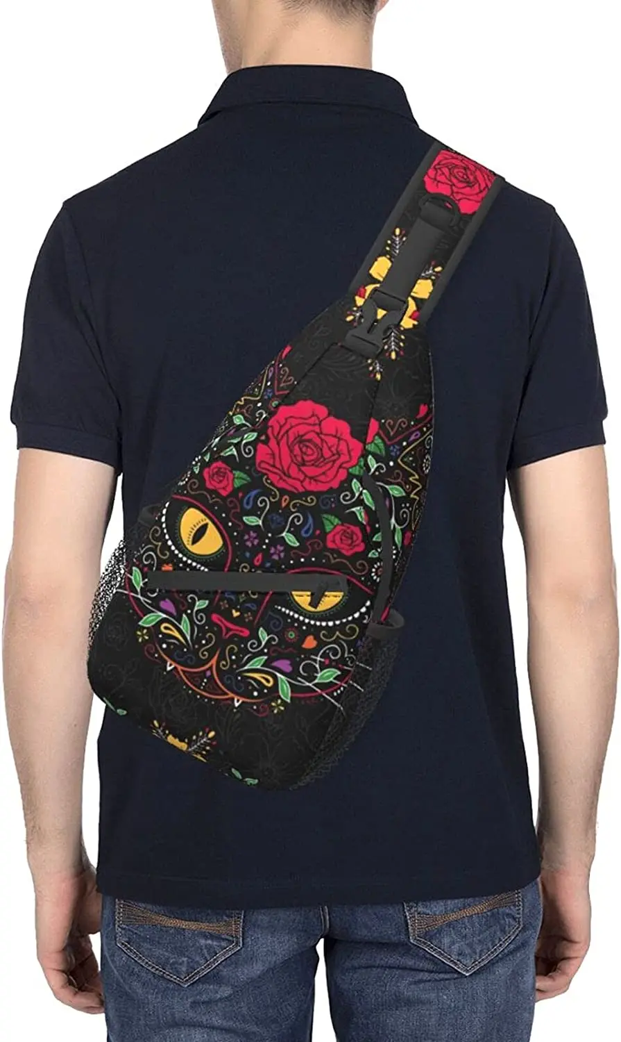 Mochila de hombro con tirantes para hombre y niño, morral cruzado para deportes al aire libre, Día de los muertos, gatito, gato, calavera de azúcar