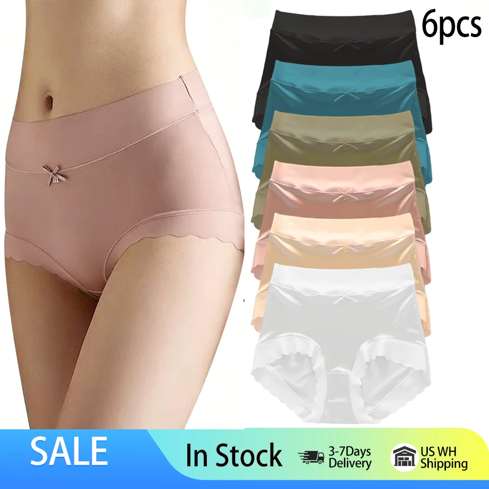 6PCS High-waist Women's Simple Satin Ice Silk Seamless Underwear Female Breathable High Quality Panties Butt Lift Briefs
