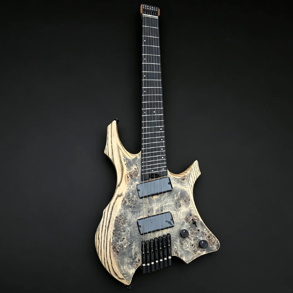 7 String Headless Electric Guitar Black Burl Maple top Fanned Frets Active Pickups 9 Piece Roasted Maple Neck Headless Guitar