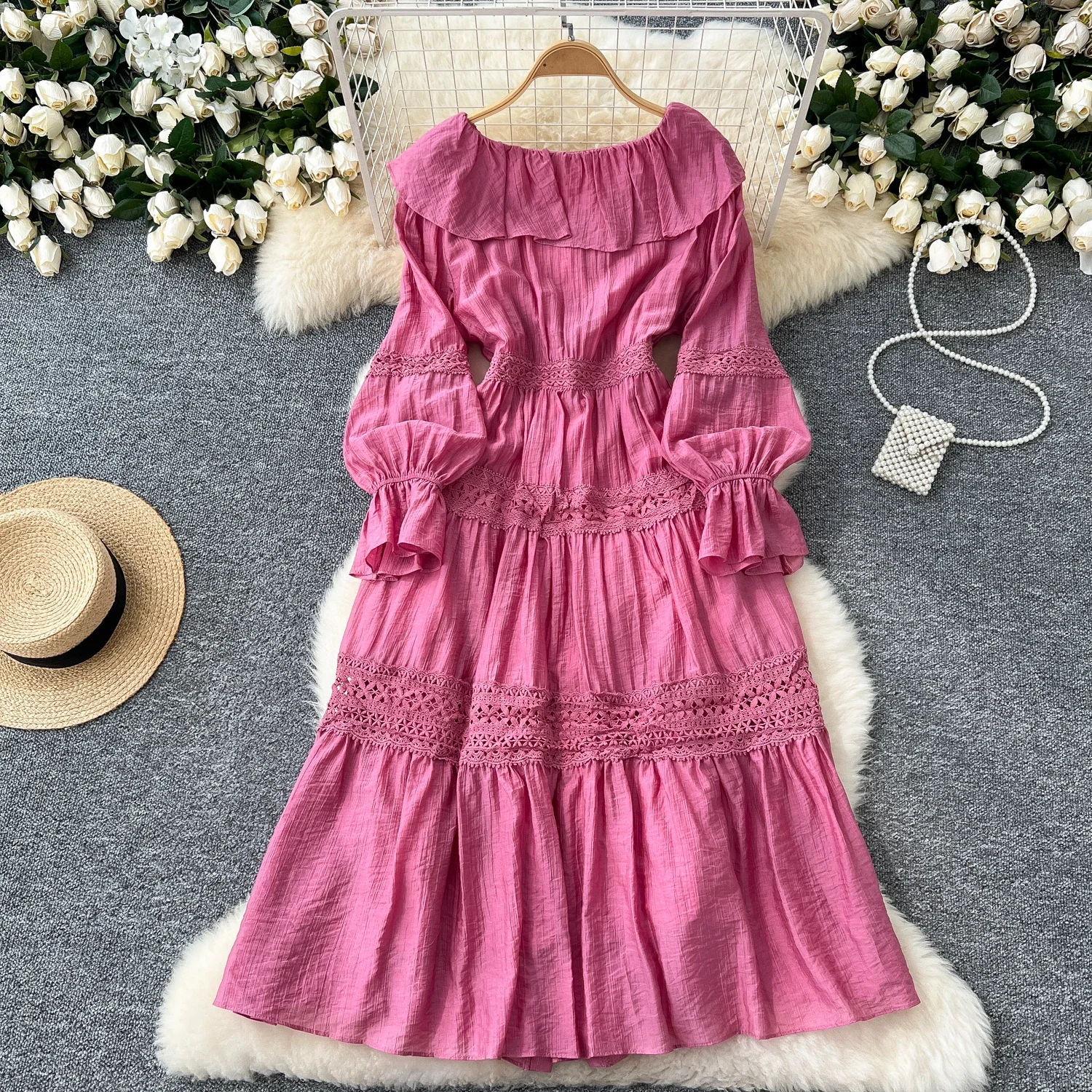 Chic French O-neck Spliced Elegant Ruffle Dress Single Breasted Flare Sleeve Vintage Lace Split Women Autumn Winter Clothing