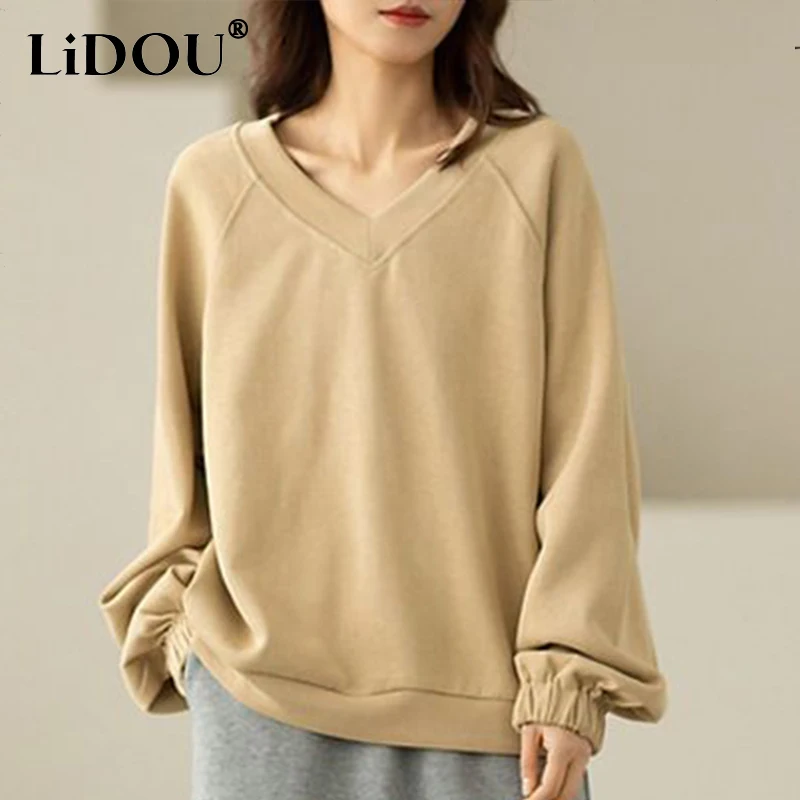 Imagem -02 - Moletons Grandes de Algodão Puro Monocromático Feminino Estilo Coreano Manga Longa Solto Casual Lady Tops Pulôver Chique Primavera Outono