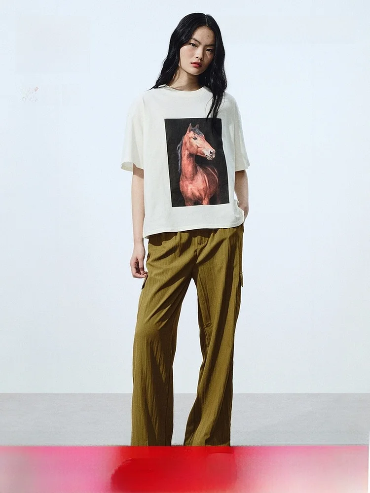 

H&M Women's Casual Loose Straight Leg Outdoor Workwear Pants Comfortable Natural Waist Polyester Nylon Blend Spring Ladies