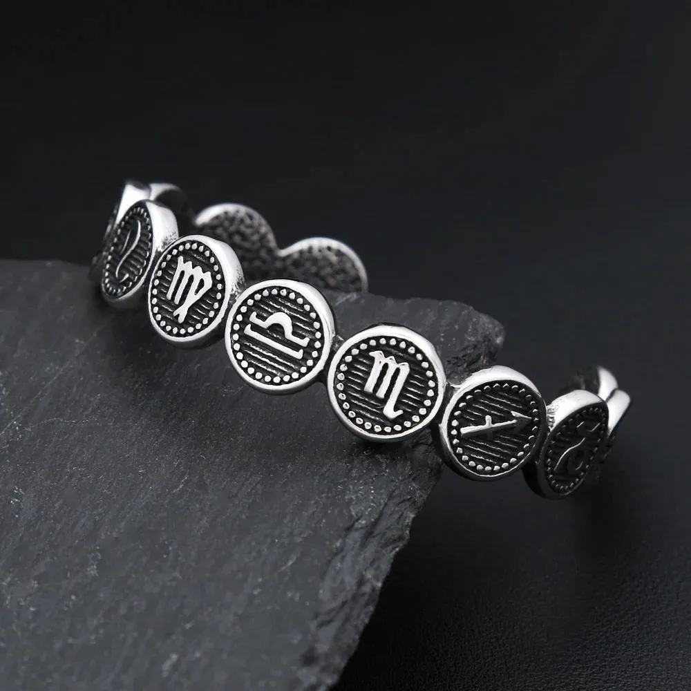 Retro Twelve Zodiac Coin Bangle Horoscope Astrology Symbol Open Bracelet For Men Women Street Fashion Jewerly Accessories