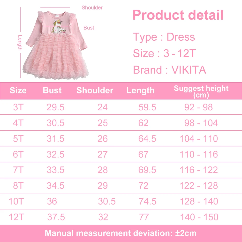 VIKITA Girls Licorne Print Cartoon Dress Kids Spring Autumn Winter Long Sleeve Pink Layered Tulle Mesh Tutu Princess Party Dress