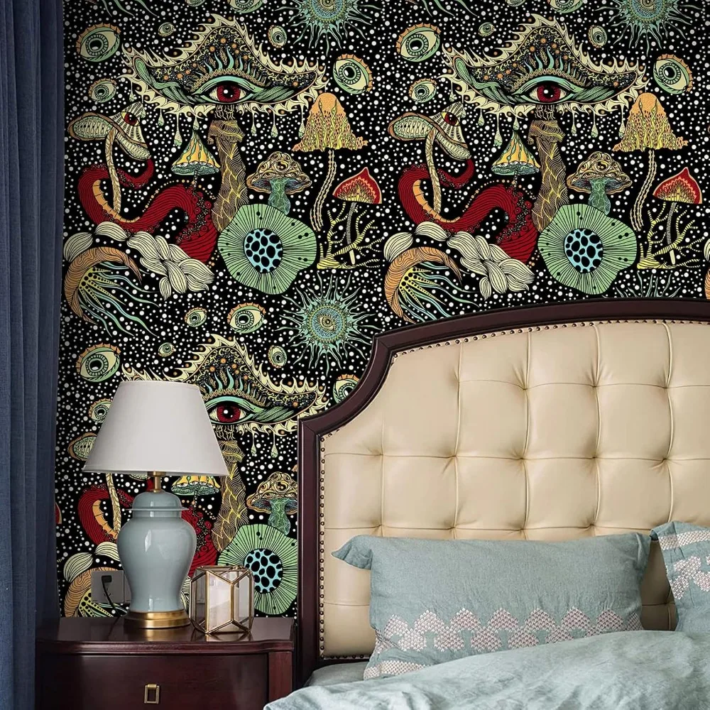 ورق جدران على شكل فطر بوهو قابل للإزالة - 17.7 بوصة × 98.4 قدم، تصميم نباتي وعين، مثالي لجدران غرفة النوم والحمام