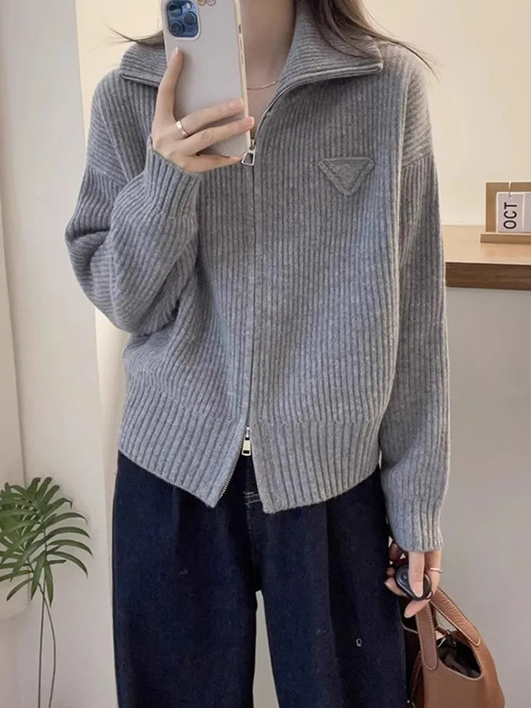 

Korean Style Autumn New Fashionable Double Zipper Knitted Open Cardigan Top Comfortable Maturity Light Soft Cozy Sweater Jacket