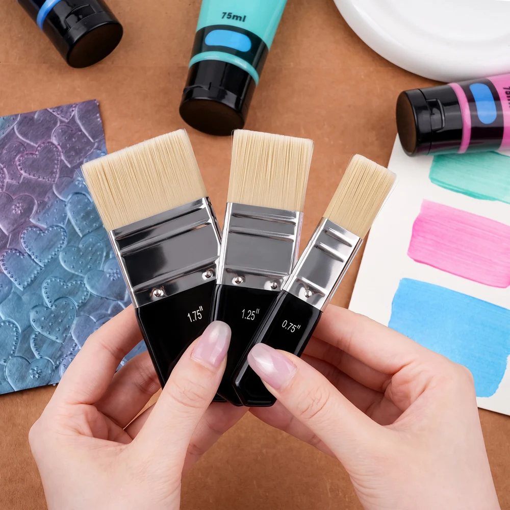 1-3pcs Collage Brush Set 0.75/1.25/1.75 Inch Soft Nylon Bristle Flat Brushes for Collage Medium, Decoupage, Scrapbooking, Mixed
