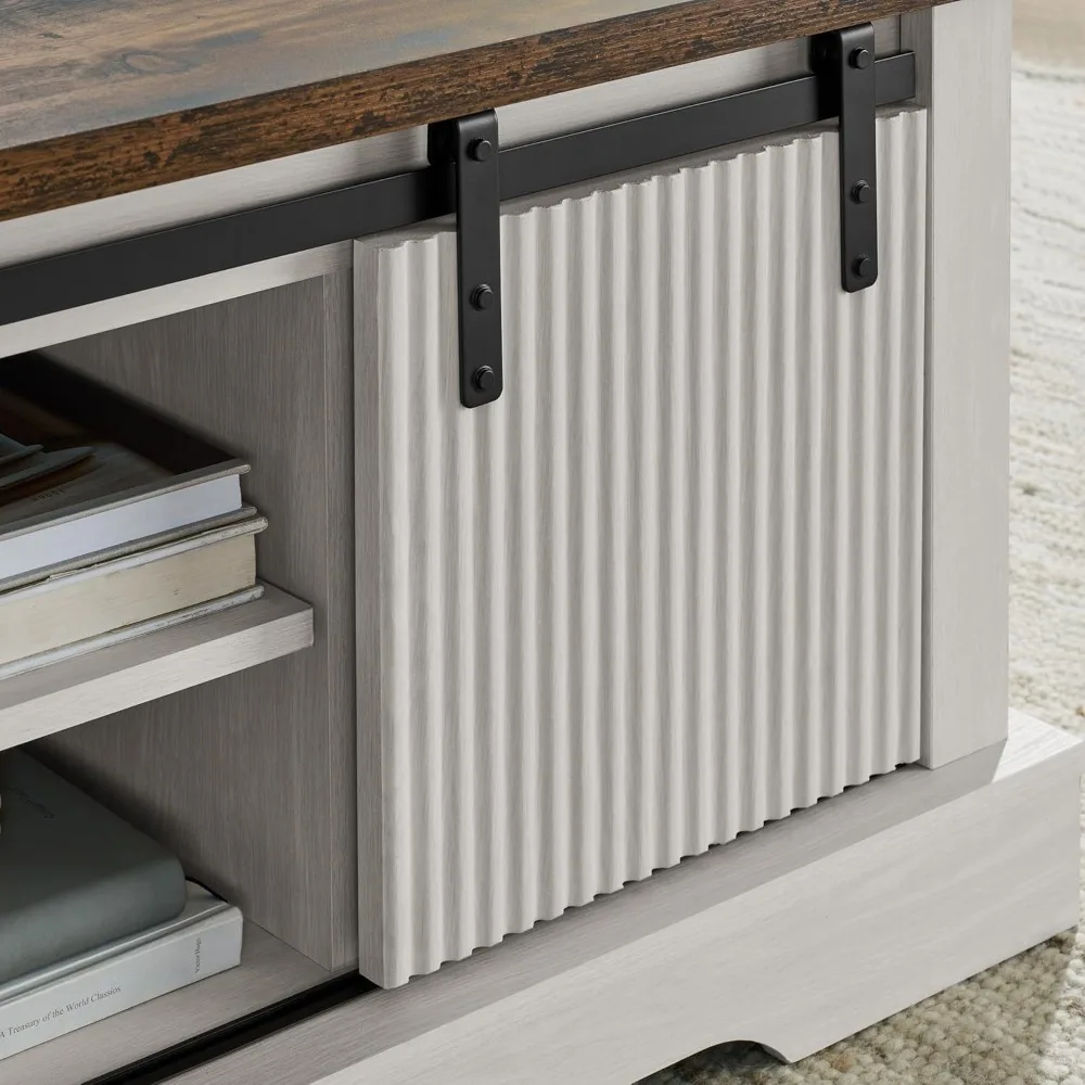 Rustic Farmhouse-Style Coffee Table with Sliding Barn Door and Storage Compartment