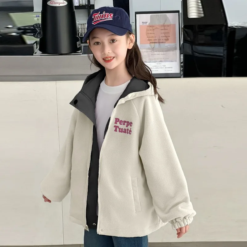 2025 New Reversible Fleece Lined Kids Windbreaker Jacket Double Sided Outdoor Windproof Coat for Toddler Girls Spring Autumn
