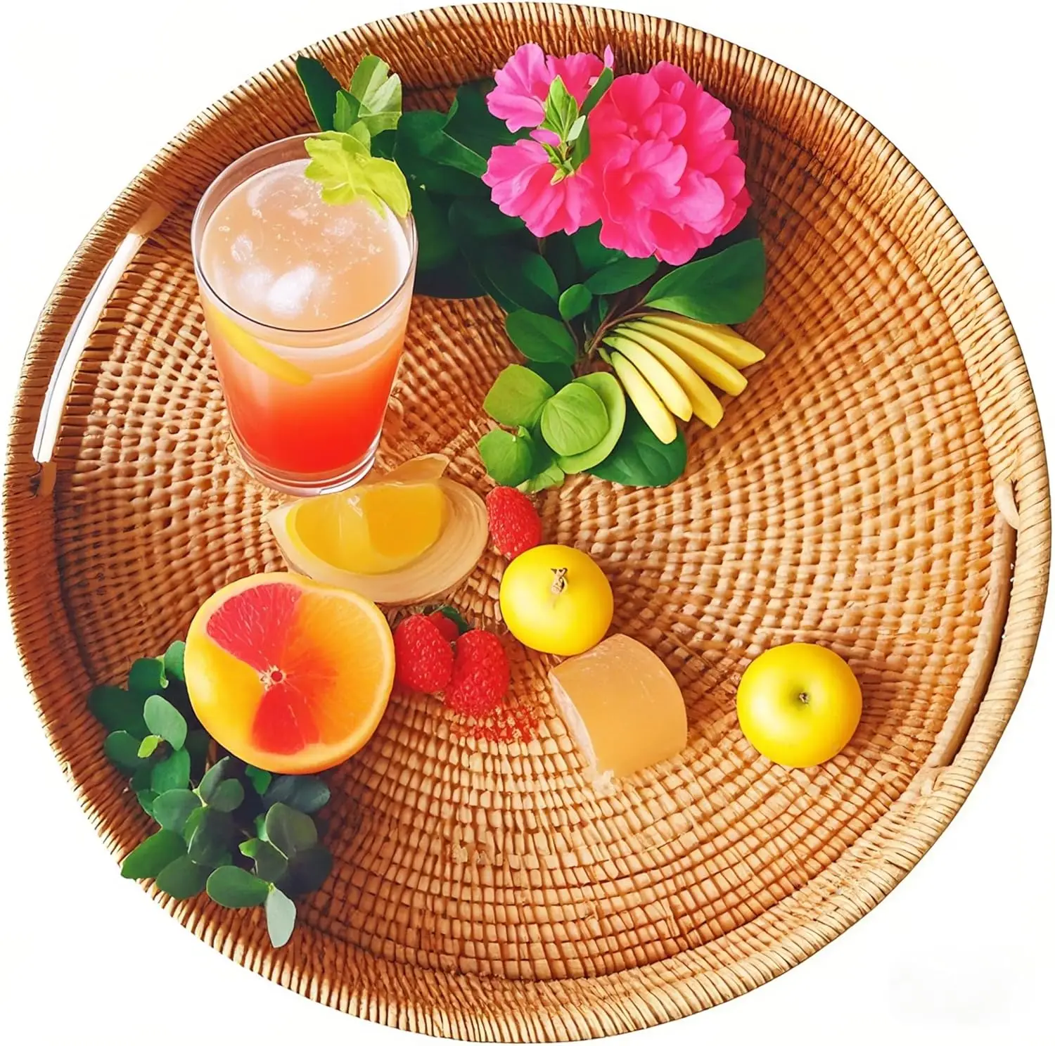 

Round Serving Tray, Wicker Decorative Valet Tray, Flat Serving Circle With Handles, Ottoman Rattan Tray For Coffee Table,