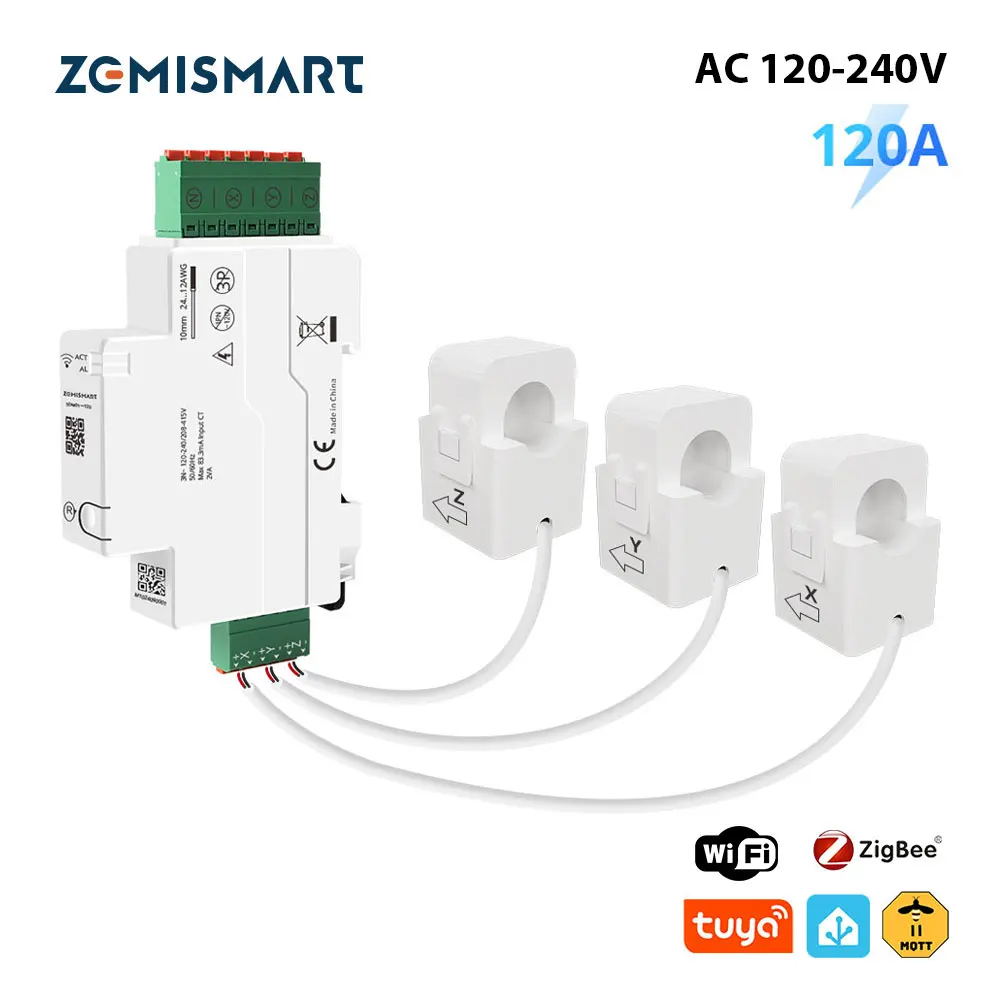 Zemismart 120A Smart Din-rail Energy Meter Zigbee WiFi 3 Phase Power Monitor with Split-core CTs Home Assistant Zigbee2mqtt